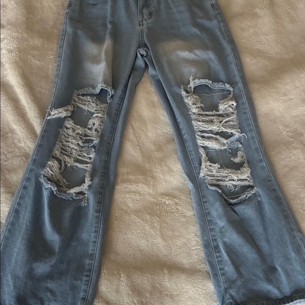 SHEIN Light Blue Distressed Flare Jeans